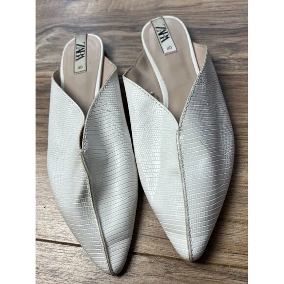 Zara White Textured Croc Leather Mules Pointed Toe EU 40/ Size 9 Women’s - Picture 2 of 8